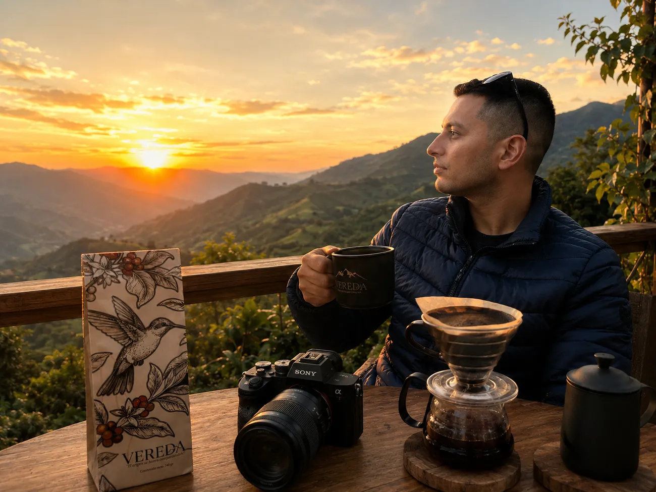 Bayron Londoño con una taza VEREDA contemplando el atardecer sobre las montañas de café