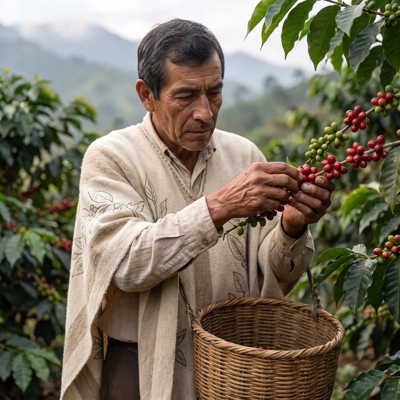 Caficultor recogiendo cerezas de café maduras en un canasto de mimbre