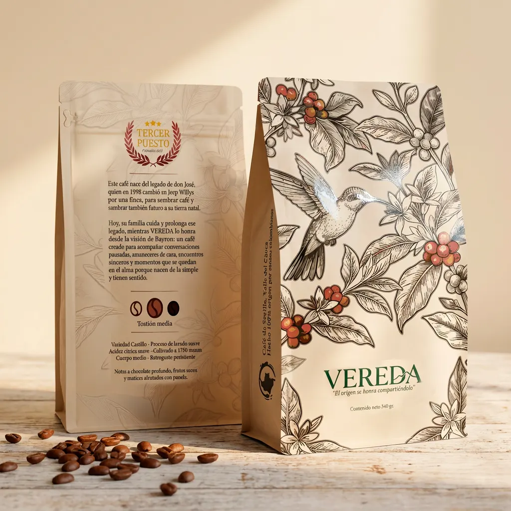 Bolsa de Café VEREDA Origen de 340 g junto a una taza de café y granos, con luz cálida de ventana