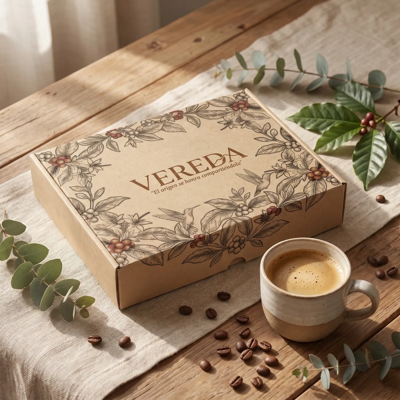 Caja de regalo VEREDA en kraft con ilustración botánica, junto a una taza de café