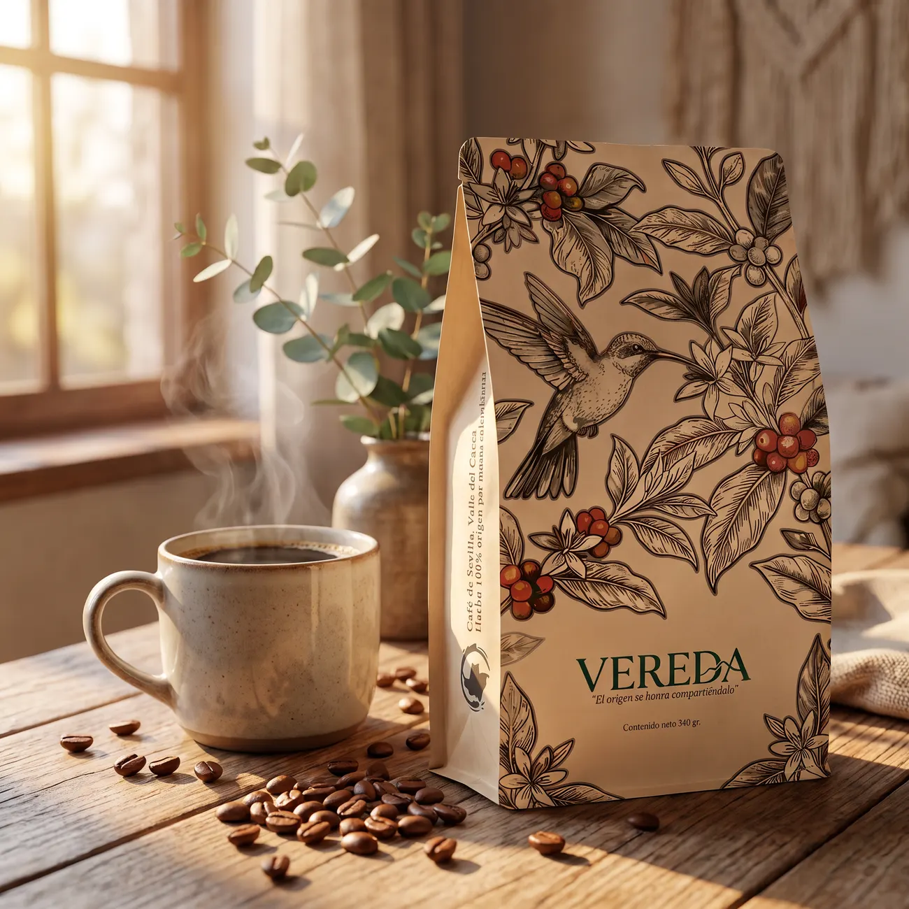 Bolsa de café VEREDA sobre mesa de madera con taza humeante